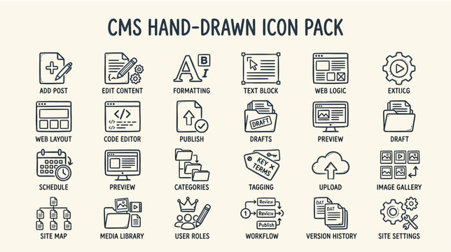 Hand drawn cms icons set for web design and development including elements like settings media library and more on cream background