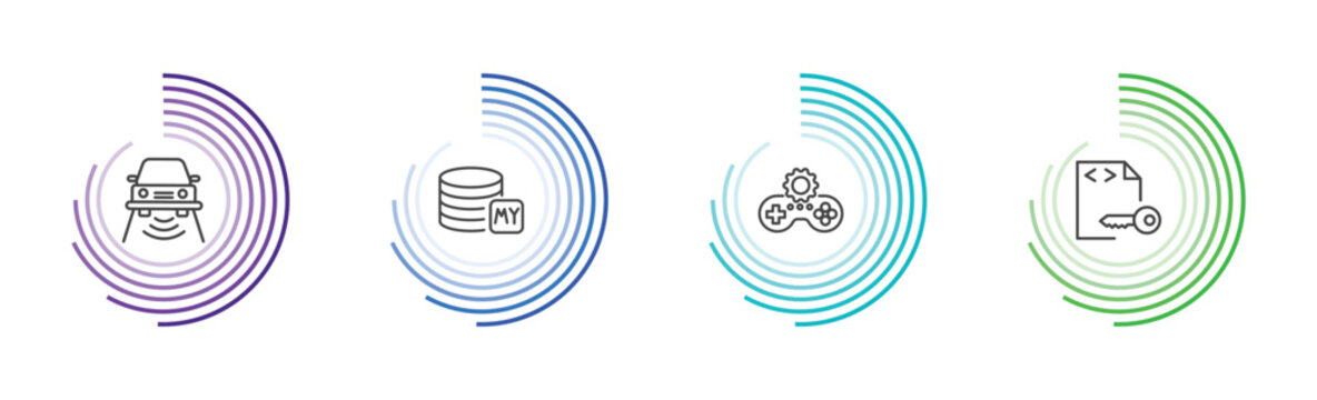 information technology icon set with smart car, mysql, game development, encripted file signs in flat outline style