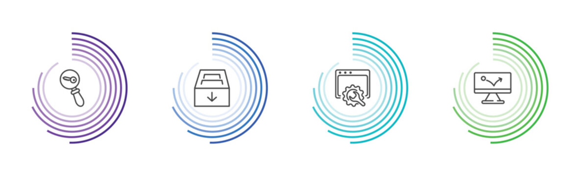 information technology icon set with seo keywords, archive, web optimization, advertising bounce signs in flat outline style