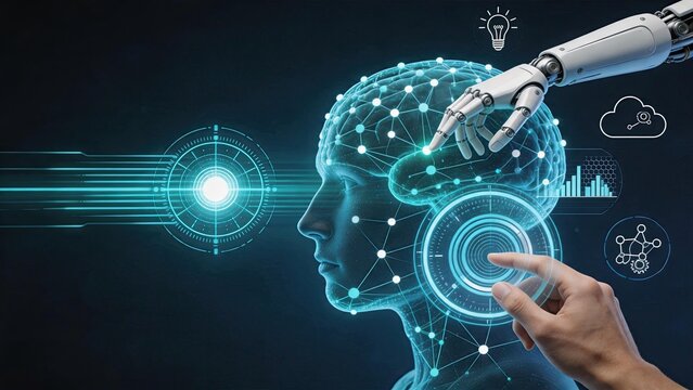 Futuristic concept of artificial intelligence, robotic hand touching a digital brain network representing machine learning and neural connections for advanced technology.