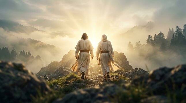 A cinematic scene of the Transfiguration of Jesus with Moses and Elijah on a mountain with copy space.