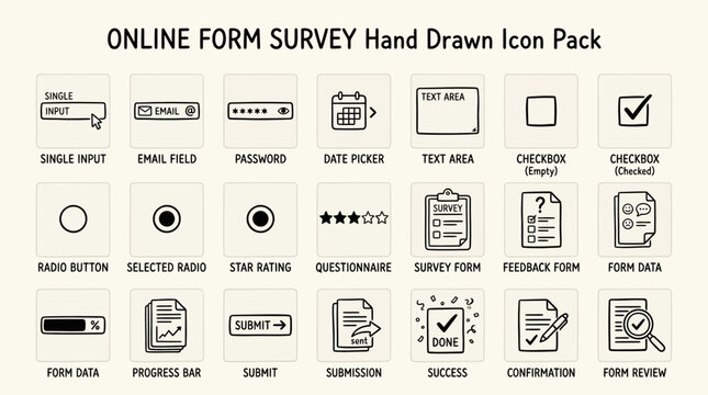 Online form survey hand drawn icon pack for business and technology concepts