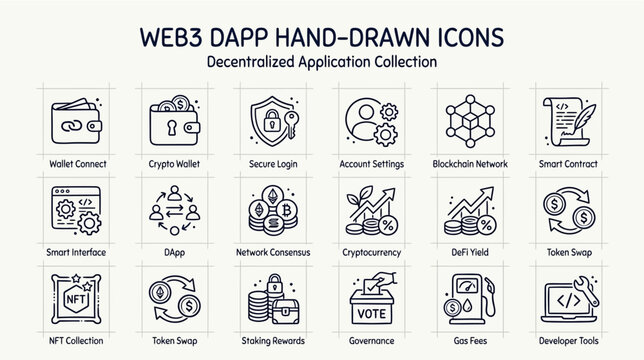 Web3 dapp hand drawn icon set featuring blockchain technology cryptocurrency finance and decentralized network symbols for modern digital interface design elements isolated on a clean minimalist