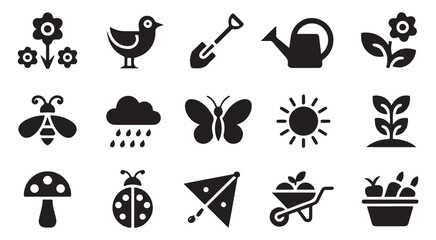 Collection of spring icons with flowers, animals and garden tools. © Tamanna