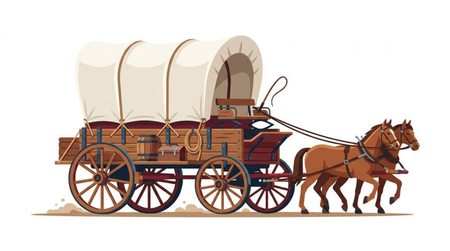 Old West Covered Wagon Pulled by Two Horses.