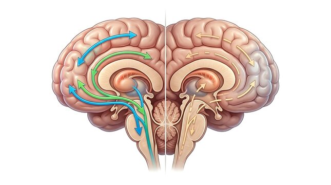 Brain coronal section showing internal neural flow pathways