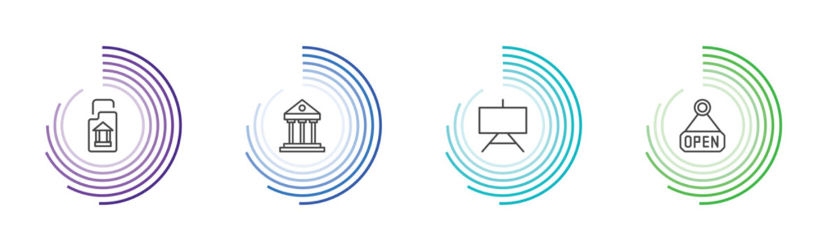 museum and exhibition icon set with archivist, museum building, museum canvas, open signs in flat outline style
