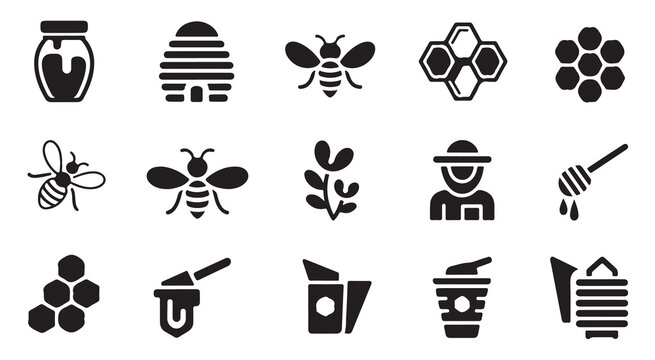 Beekeeping icons with honey jars honeycomb structures beekeeper character and smoker equipment.