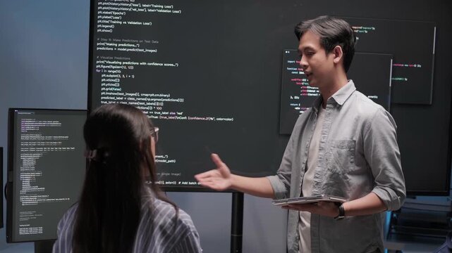 Programmer software developer project presentation monitor coding working meeting data analysis, business brainstorming discussion concept