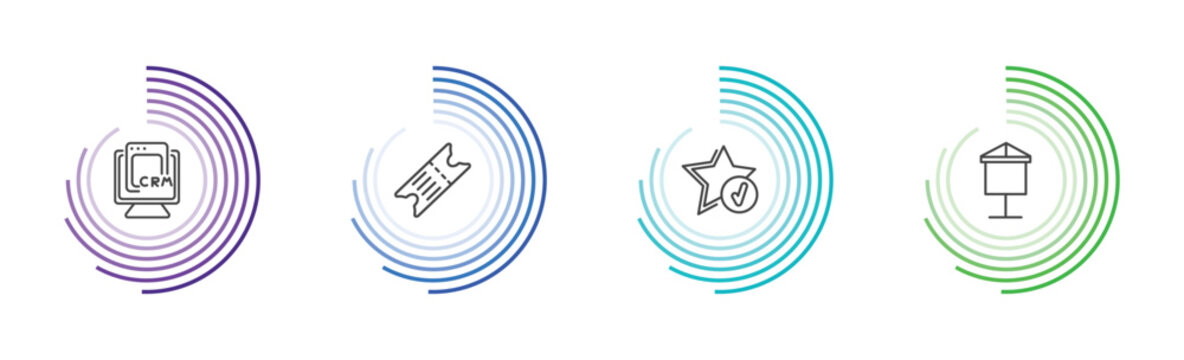 marketing icon set with crm, eticket, recommendation, banner signs in flat outline style