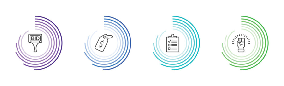 marketing icon set with bid, price, checklist, motivation signs in flat outline style