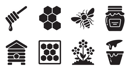 Honey bee icon set collection featuring honeycomb beehive and natural sweet nectar food.