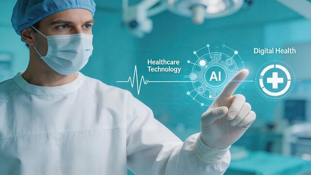 Male surgeon in scrubs interacting with artificial intelligence medical interface, healthcare technology innovation concept showing digital health diagnostics, ai analysis and