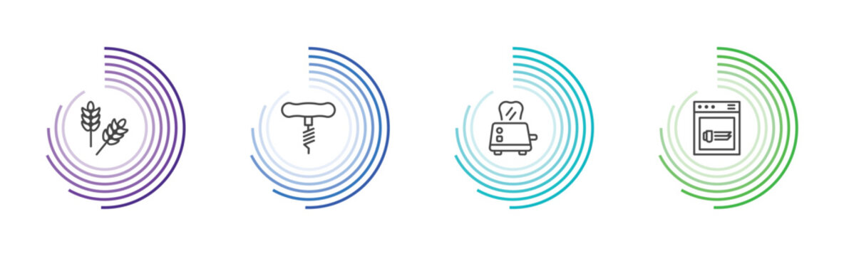 kitchen icon set with wheat, corkscrew, toaster, dishwasher signs in flat outline style