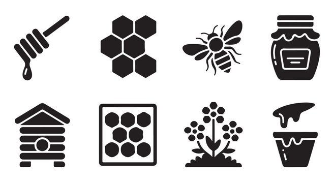Honey bee icon set collection featuring honeycomb beehive and natural sweet nectar food.