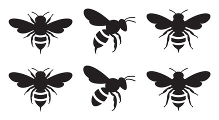 Collection of black bee silhouettes isolated on white background for apiculture concepts. © Tamanna