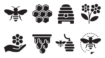 Honey and bee farm icons including beehive honeycomb and nectar extraction symbol designs. © Tamanna