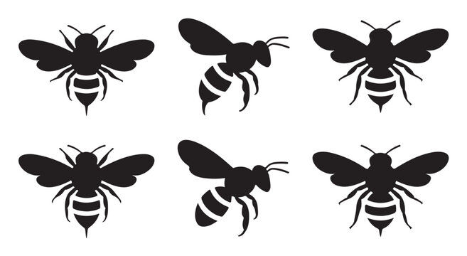 Collection of black bee silhouettes isolated on white background for apiculture concepts.