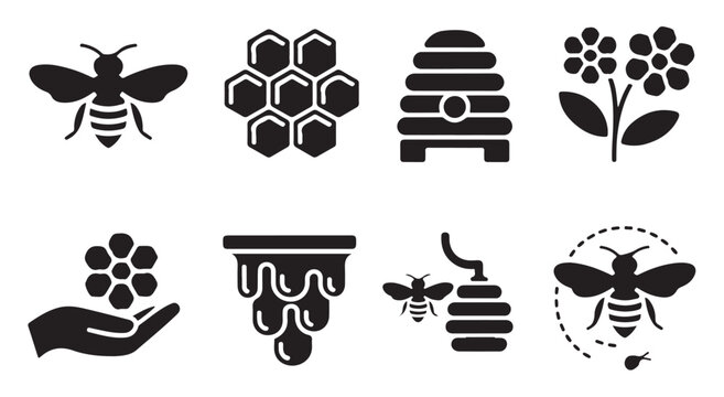 Honey and bee farm icons including beehive honeycomb and nectar extraction symbol designs.