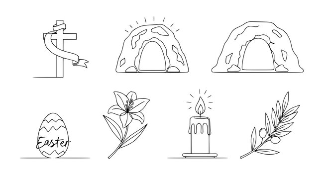 Easter Symbols: Cross, Empty Tomb, Lily, Candle, Egg, Olive Branch - Line Art Icons