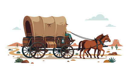 Old West Covered Wagon Pulled by Two Horses Across Desert Landscape. © Azkal