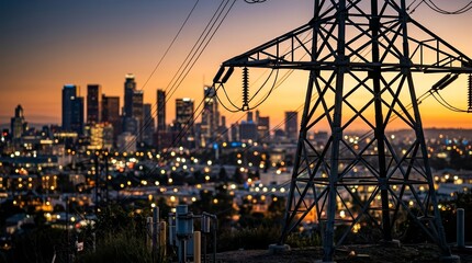 Fototapeta na wymiar Industrial high voltage electricity poles transmitting power through an urban landscape during twilight.