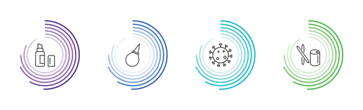 hygiene and sanitation icon set with lip balm, l aspirator, pathogen, toothpick signs in flat outline style