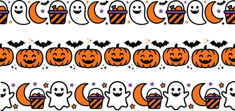 A decorative Halloween border featuring ghosts, pumpkins, bats, and moon phases.