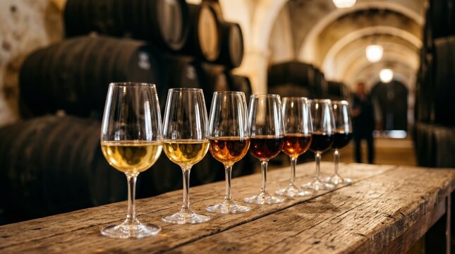 Varied fortified sherry wines arranged for tasting in historic Jerez wine cellars.