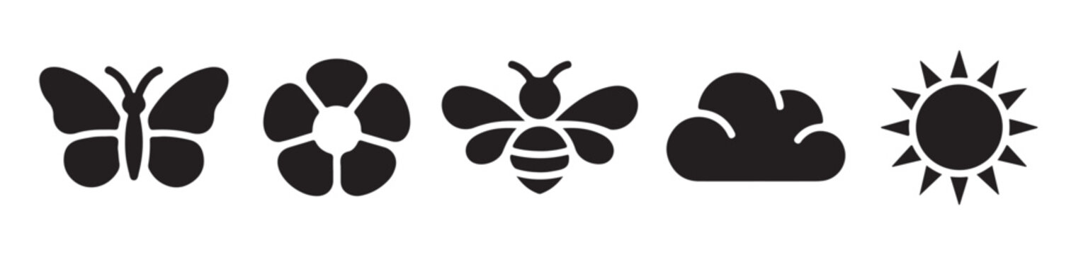 Set of five nature icons featuring a butterfly flower bee cloud and sun.