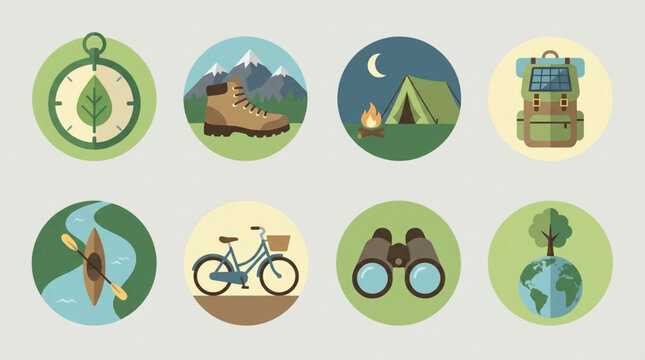 Collection of eight circular flat design icons depicting outdoor adventure activities like hiking, camping, kayaking, and cycling, set against a neutral, earthy background