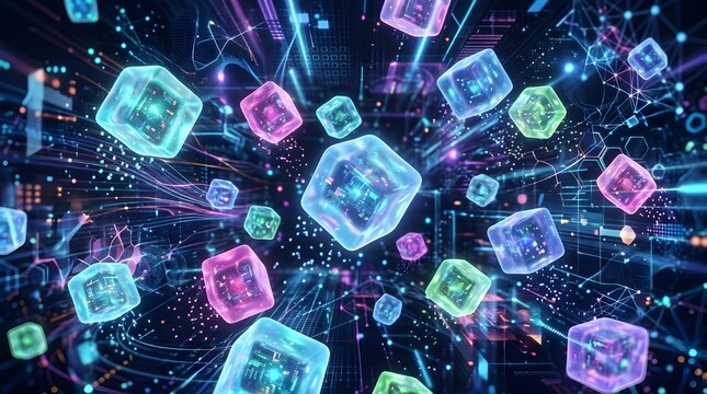 Vibrant Multicolored Neon Data Cubes Floating in Cyberspace, Dynamic High Speed Blockchain Network, Quantum Computing Abstract, and Futuristic Digital Information Flow Background