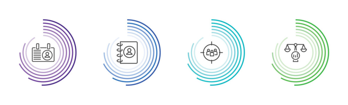 human resources icon set with personal profile, contact, target audience, benchmarking signs in flat outline style