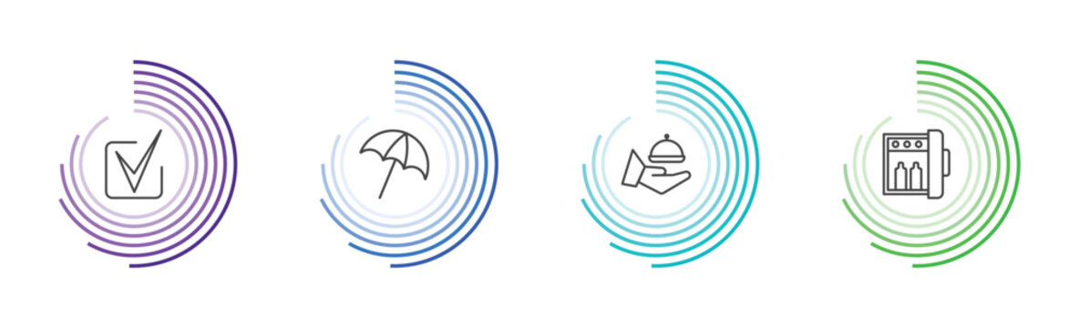 hotel and restaurant icon set with check in, beach umbrella, room service, minibar signs in flat outline style