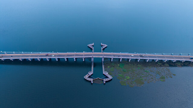 aerial drone  view of Thanneermukkom Bund, bridge located in Alappuzha and Kottayam Kerala, India
