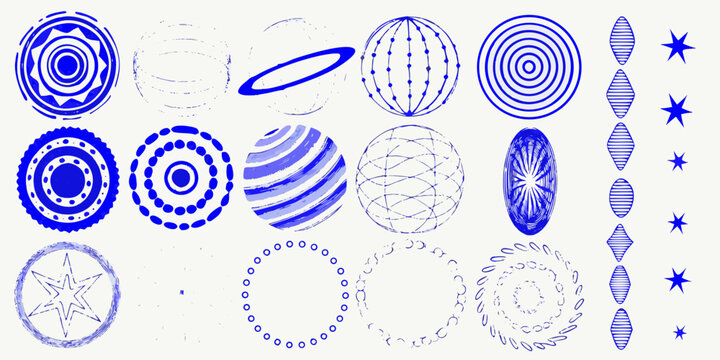 Blue celestial shapes and patterns hand drawn style illustration