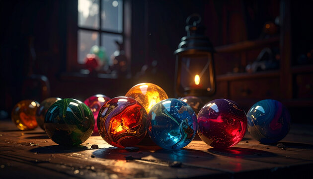 Glowing orbs on wooden surface