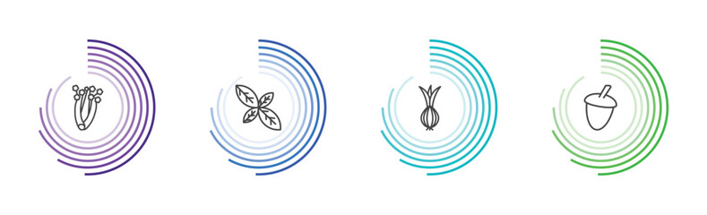 vegetables and fruits icon set with celery, basil, onion, acorn signs in flat outline style © Abstract