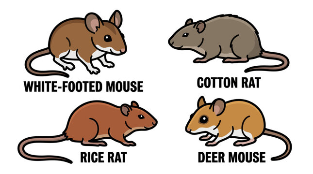 Four types of rodents including white-footed mouse, cotton rat, rice rat, and deer mouse are shown.
