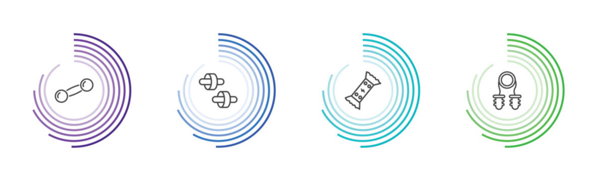 fitness and gym icon set with dumbbells bar, fitness wheel, energy snack, sport expander signs in flat outline style