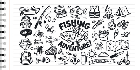 Hand drawn fishing adventure doodles with camping gear and fish icons © Studio181