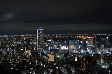 Obraz premium Breathtaking night view of Kobe city skyline and port illuminating under the dark twilight sky, Hyogo, Japan