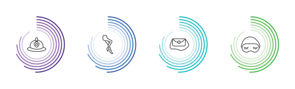 fashion and things icon set with firefighter hat, tights, shoulder bag, sleeping mask signs in flat outline style