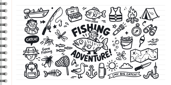 Hand drawn fishing adventure doodles with camping gear and fish icons
