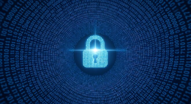 Digital padlock with glowing blue light in a tunnel of binary code