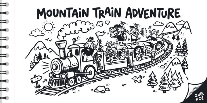 Hand drawn black and white doodle of a steam train with passengers in mountains