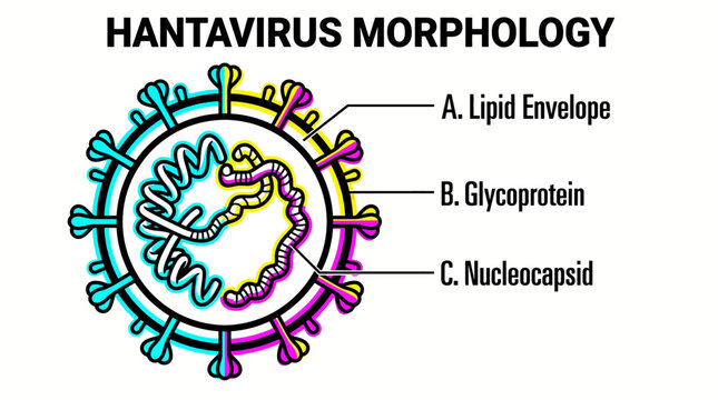 Hantavirus morphology illustration shows viral structure with lipid envelope and nucleocapsid.