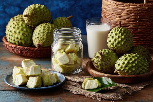 Fresh cherimoya fruit displayed with drink and basket on wooden table