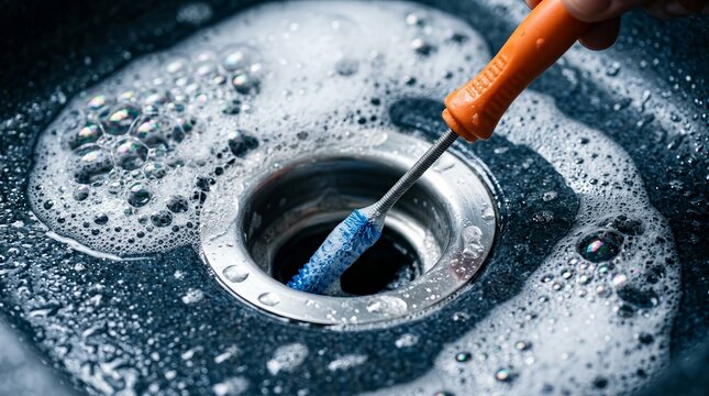 A pipe cleaner tool being used to clear a bathroom sink drain with soapy foam.