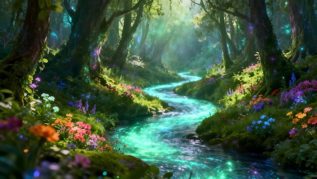 Enchanted forest stream with glowing flowers